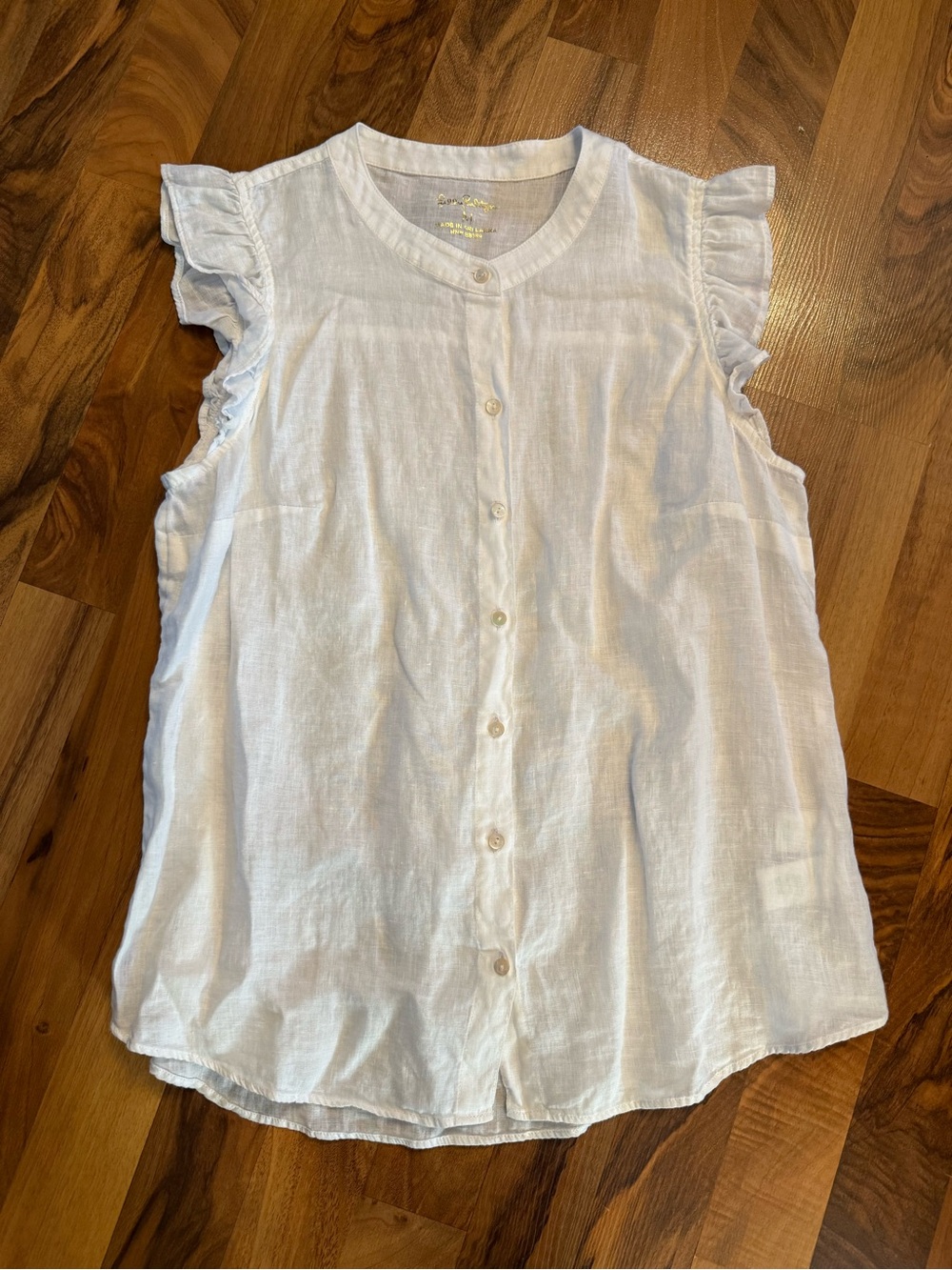 Lilly Pulitzer white linen button-down blouse ruffle sleeve button closure M